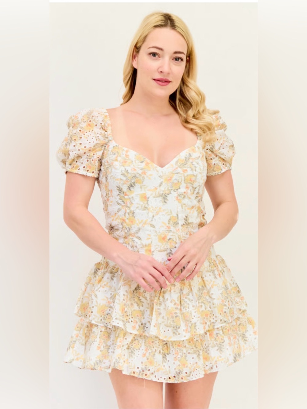 BARDOT Floral Broderie Anglaise Tropical Puffy Sleeve Eyelet Minidress NWT